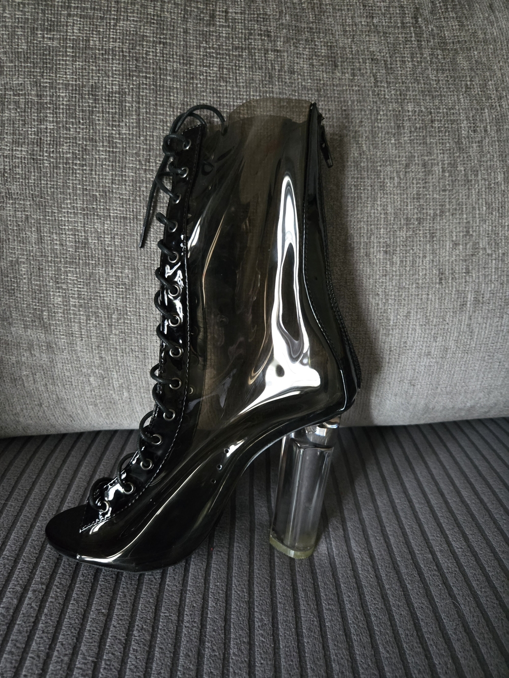 Fashion Nova Black Clear Lace-Up Heeled Ankle Boot
